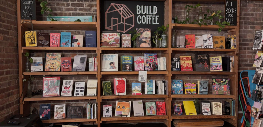 Books displayed at Build Coffee and Books in Chicago